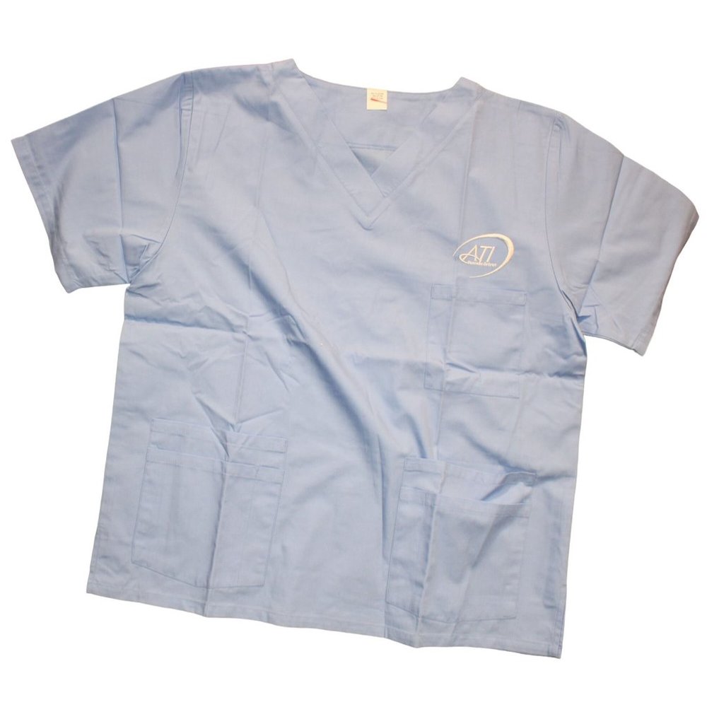 ATI Scrubs Top Size Large Color CEIL BLUE V-Neck with Pockets